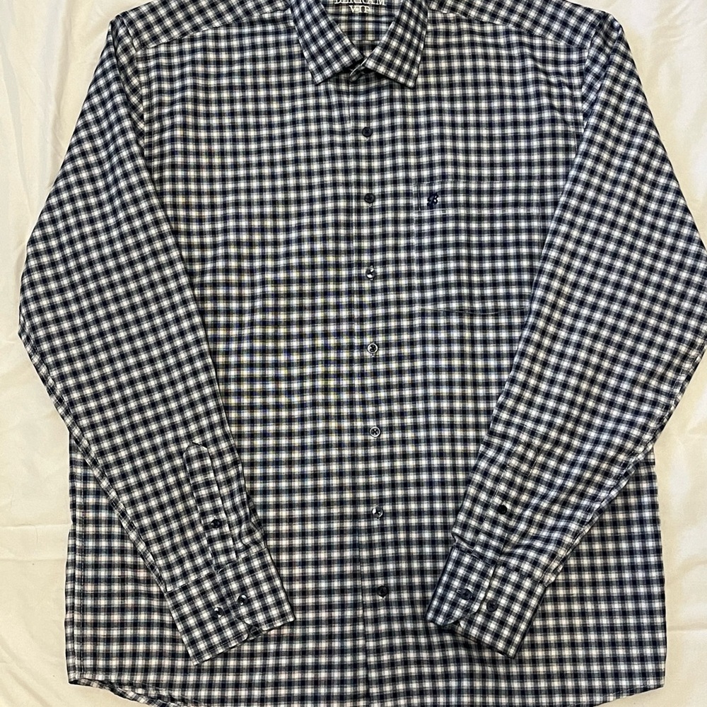 Berkam VIP Dress Shirt Mens Medium Navy and White Gingham Button Down